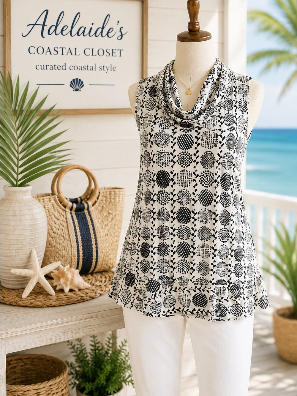 Tango Mango Sleeveless Black White Tunic Top M Resort Travel Coastal